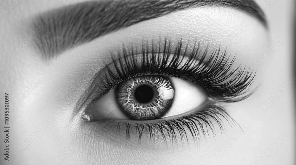 Close-up monochrome shot of a woman's eye with long eyelashes. Close-up monochrome shot of a woman's eye with long eyelashes.