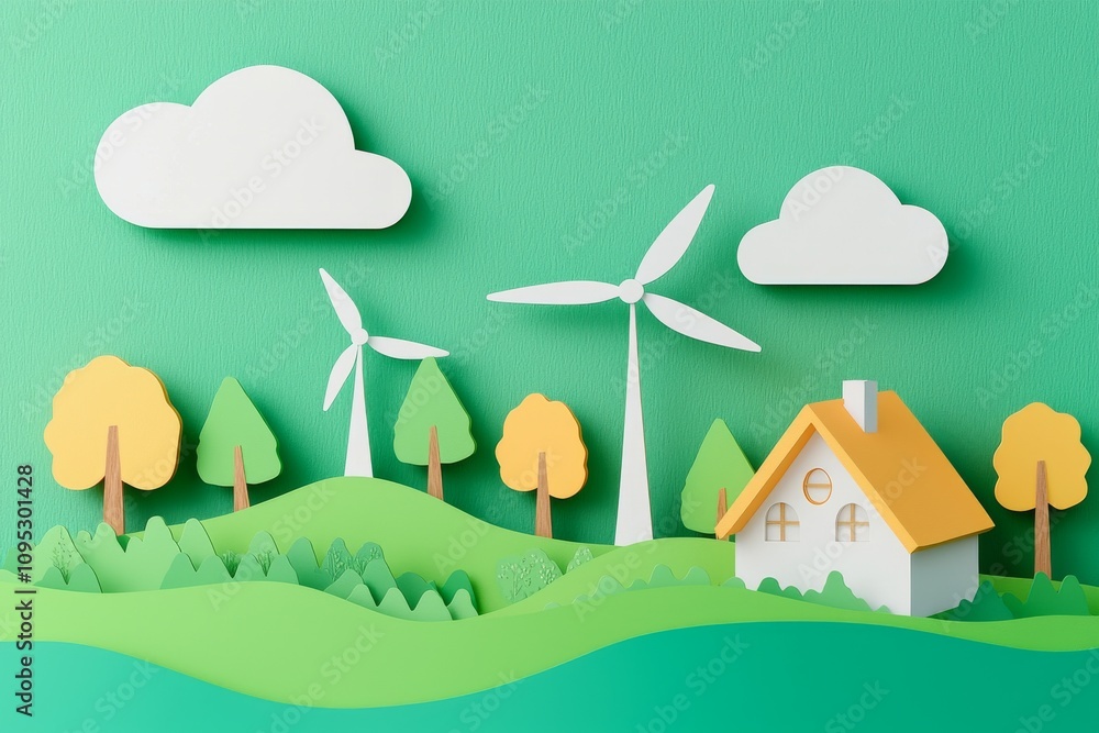 Naklejka premium Art made from paper, renewable energy including wind turbines, carbon-neutral energy by 2050, energy use and CO2 emissions, and the idea of cutting down CO2 emissions.