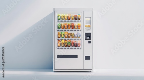 Blank white vending machine mockup illustration with snacks and drinks, isolated on white background