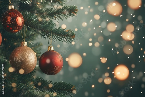 Pine Tree with Red Baubles and Twinkling Lights Christmas Background