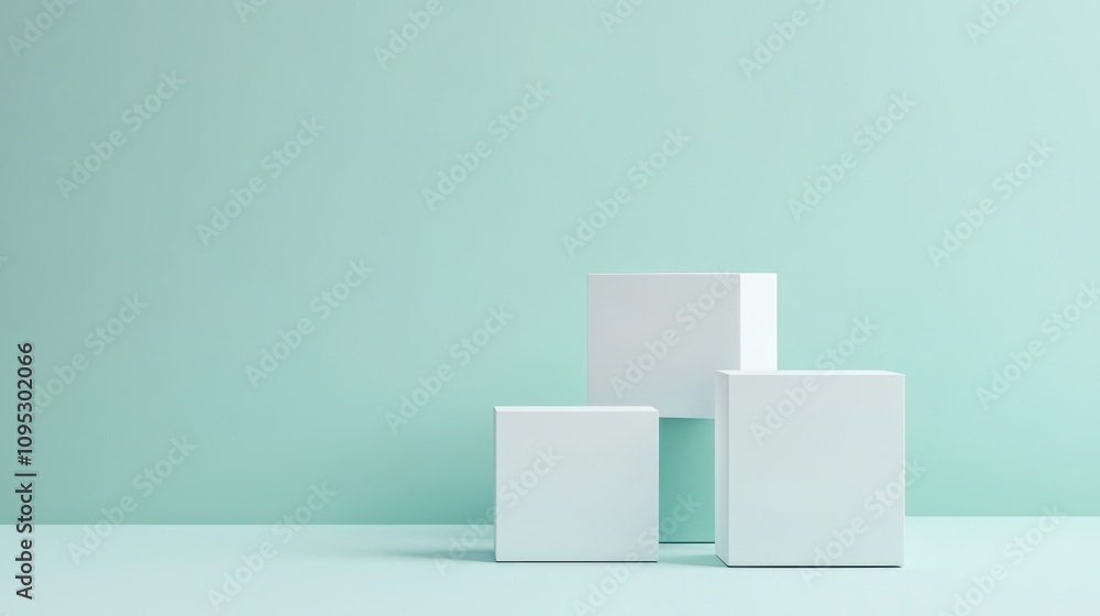 A simple and modern product display illustration featuring three white square podiums arranged on a light blue background. Ai generated image A simple and modern product display illustration featuring three white square podiums arranged on a light blue background. Ai generated image