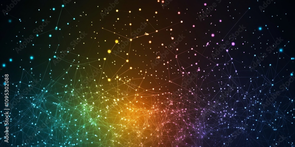 Fototapeta premium Vector background with connected dots and lines in white, grey, orange, blue, green, purple, and yellow, symbolizing digital connections and social media networks, with small colorful circles 