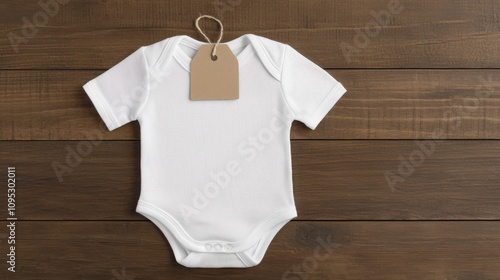 Vintage baby bodysuit mockup concept. A plain white baby onesie with a tag on a wooden surface, perfect for newborns and showcasing simplicity and comfort. photo