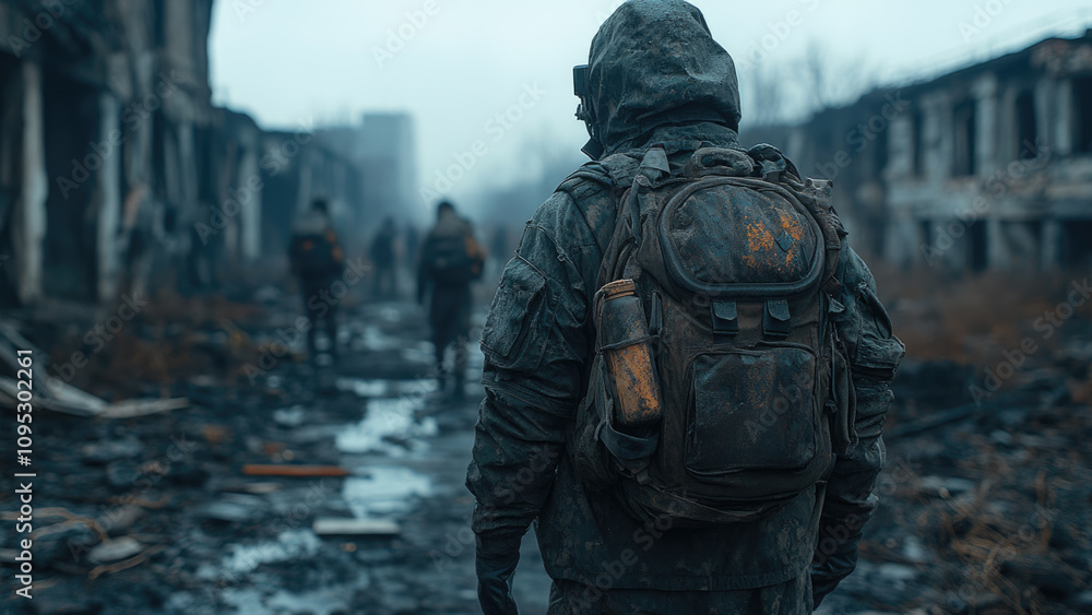 Soldiers Patrolling War-Torn Urban Area In Full Gear Soldiers Patrolling War-Torn Urban Area In Full Gear