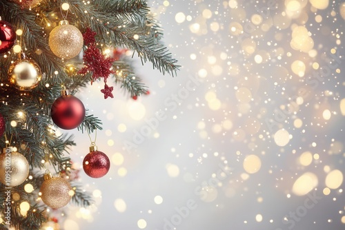 Christmas Tree with Red Baubles and Festive Lights