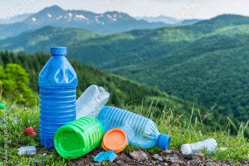 A pile of plastic bottles cluttering a bright landscape. photo