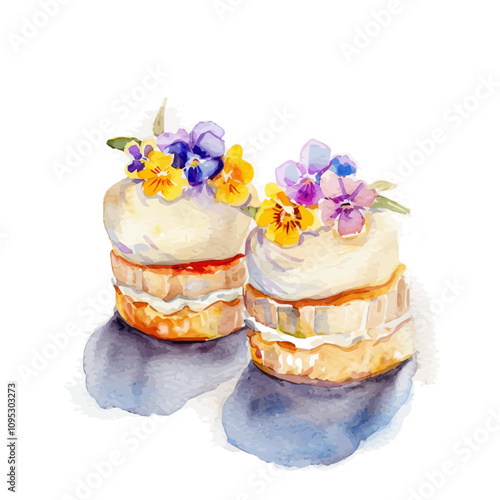 A watercolor painting of mini cakes with edible flowers, isolated on a white background. Mini Cakes vector.