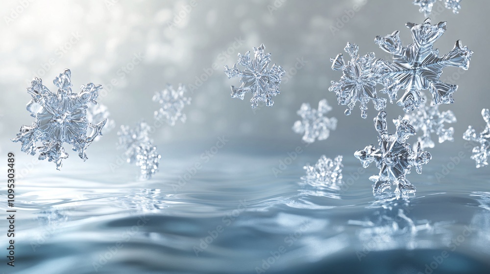 Elegance in Frost: Surreal Abstract Background with Floating 3D Snowflakes in Shades of Blue and Silver Elegance in Frost: Surreal Abstract Background with Floating 3D Snowflakes in Shades of Blue and Silver