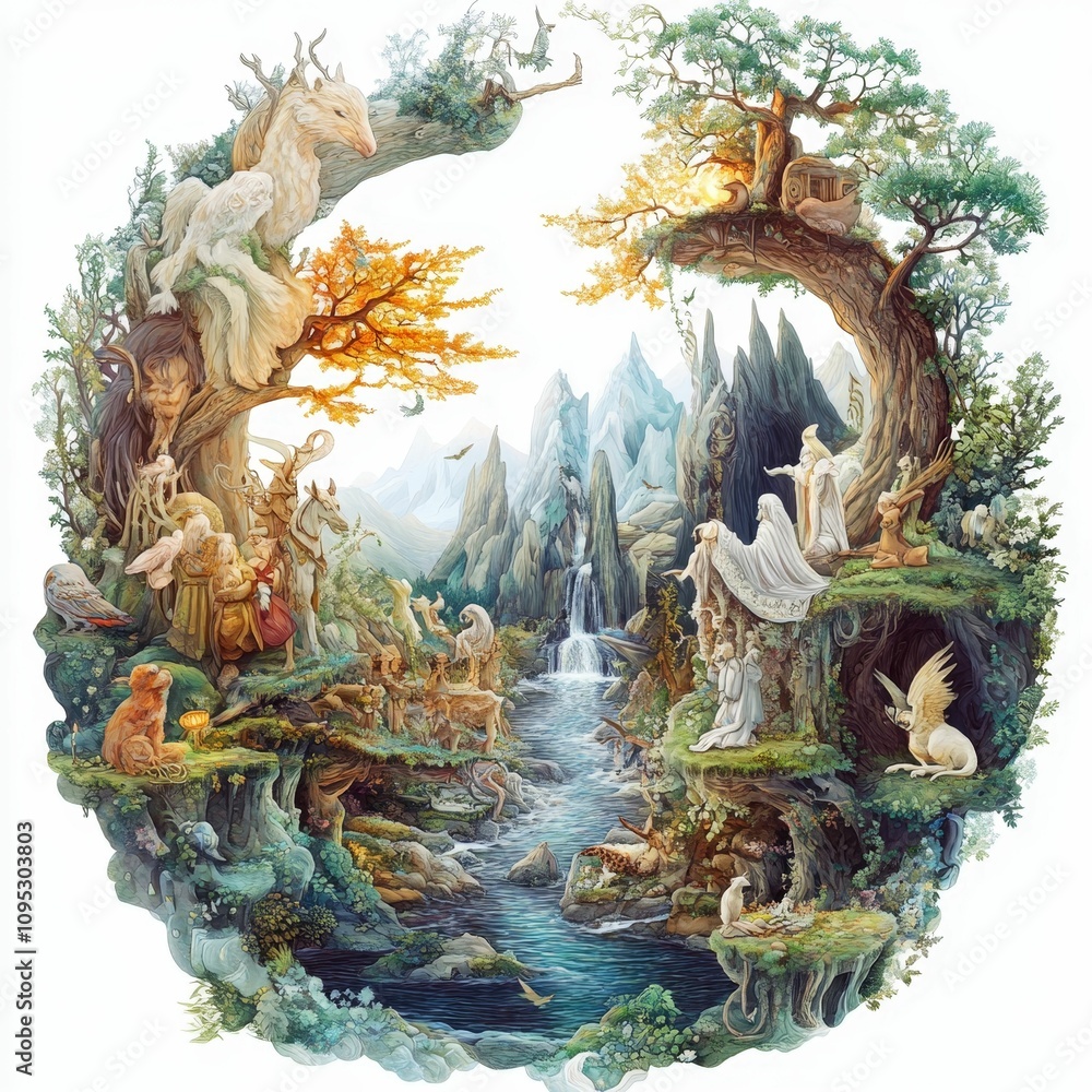 Obraz premium Whimsical fantasy landscape, waterfall, mythical creatures.