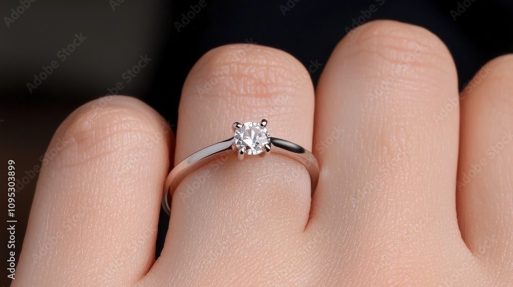 Obraz premium Close-up of a hand wearing a beautiful diamond engagement ring, symbolizing love.