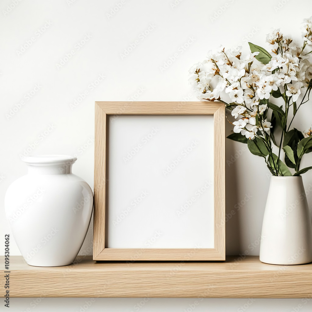 Minimalist Wooden Photo Frame with Elegant White Vase and Flowers on Shelf Minimalist Wooden Photo Frame with Elegant White Vase and Flowers on Shelf