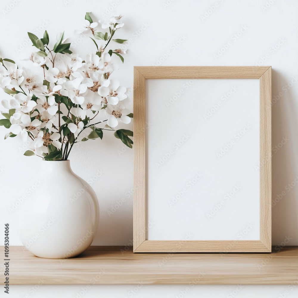 Minimalist Wooden Photo Frame with Elegant White Vase and Flowers on Shelf Minimalist Wooden Photo Frame with Elegant White Vase and Flowers on Shelf