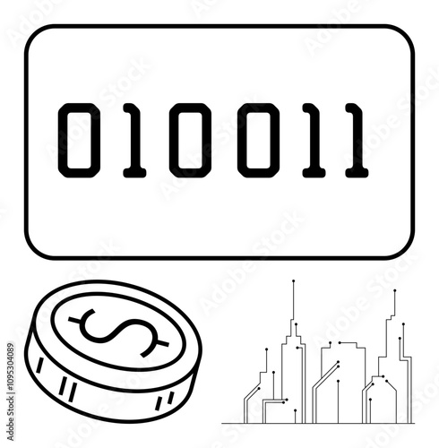 Binary code sequence, dollar coin, simplified city skyline. Ideal for finance, technology, digital currency, blockchain, data economy computing urban development. Line metaphor