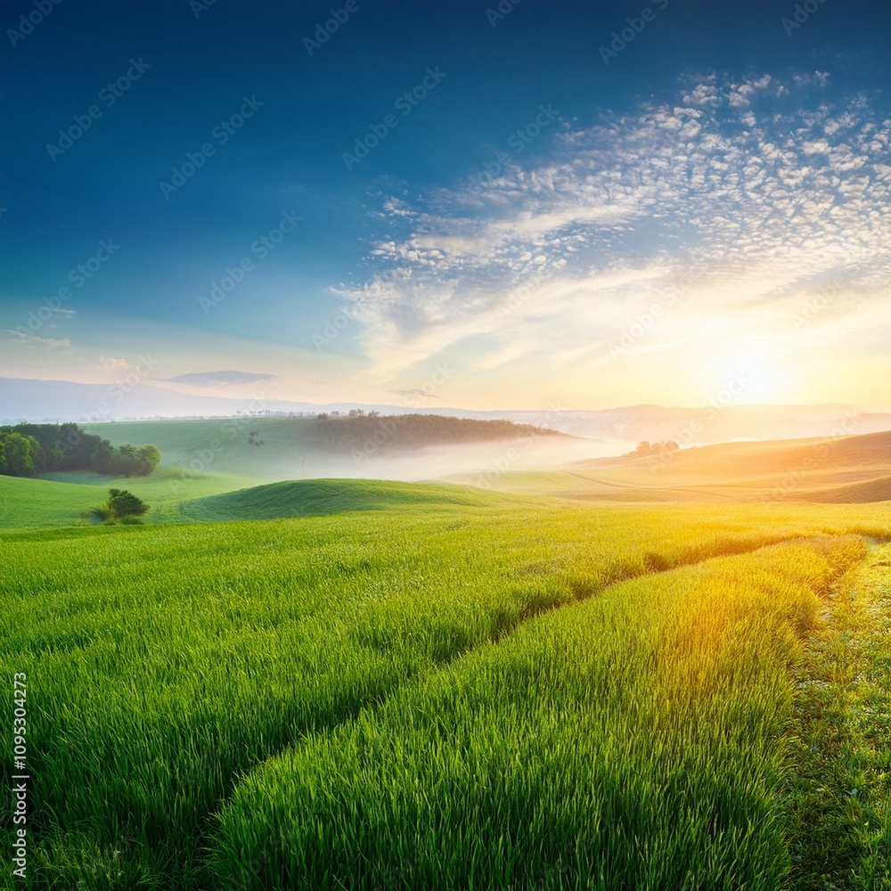 Green Field Beautiful Mount  Sky and River Background AI Image