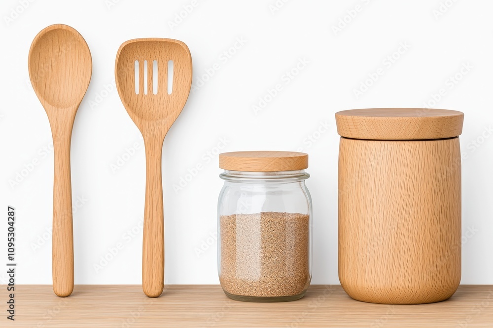 A simple scene featuring wooden kitchen tools and glass jars, highlighting sustainable living and environmentally friendly materials. A simple scene featuring wooden kitchen tools and glass jars, highlighting sustainable living and environmentally friendly materials.