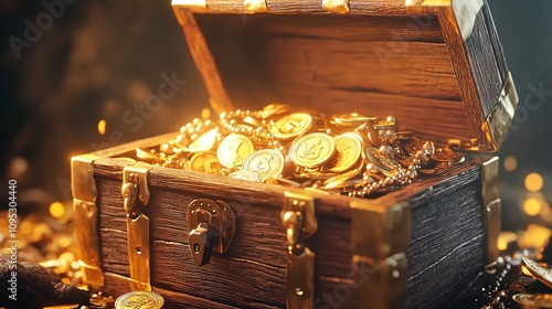 Open treasure chest filled with golden coins, gold, and jewels

 photo