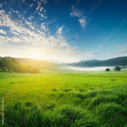 Green Field Beautiful Mount  Sky and River Background AI Image