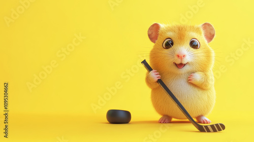 Adorable Hamster Hockey Player - Cute hamster, hockey stick, playful, sports, yellow background.  A tiny athlete ready for action! photo