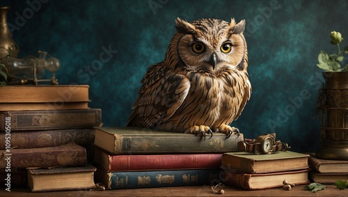 Wallpaper Mural Vintage Books and a Thoughtful Owl in a Cozy Corner Torontodigital.ca
