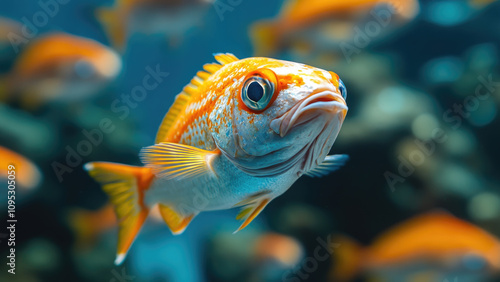 Close-up of a colorful fish with orange and blue markings swimming in clear water photo