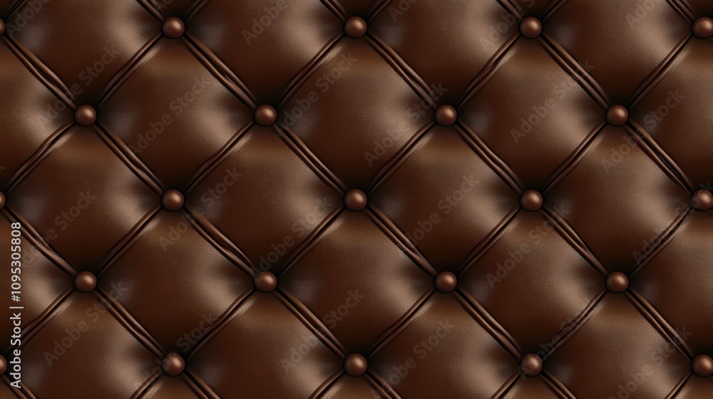 Close-up of rich brown tufted leather upholstery, showcasing elegant textures and intricate button detailing. Close-up of rich brown tufted leather upholstery, showcasing elegant textures and intricate button detailing.