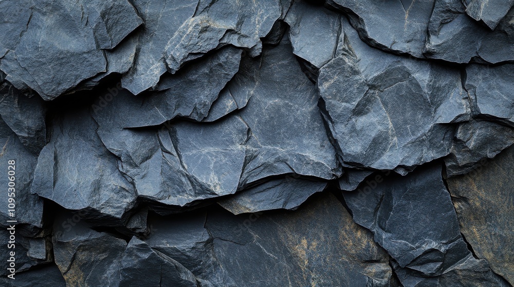 Textured dark gray slate rocks stacked intricately, showcasing natural patterns and details. Textured dark gray slate rocks stacked intricately, showcasing natural patterns and details.