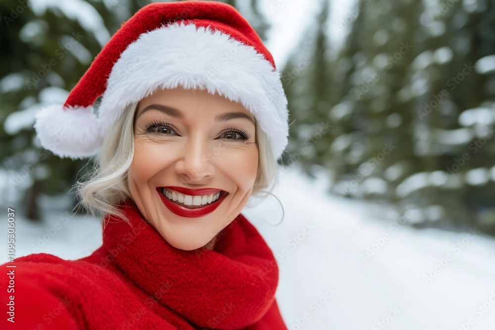 Smiling woman dressed as Mrs Claus takes a selfie in a snowy pine forest Smiling woman dressed as Mrs Claus takes a selfie in a snowy pine forest