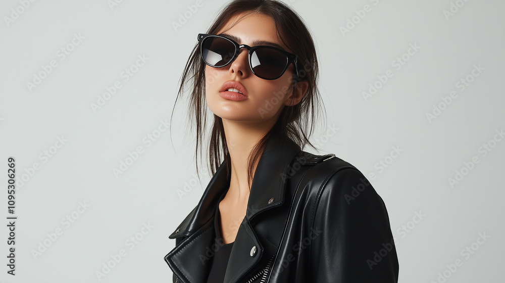 Model in sleek leather jacket with sunglasses, clear background - Clean and modern Model in sleek leather jacket with sunglasses, clear background - Clean and modern