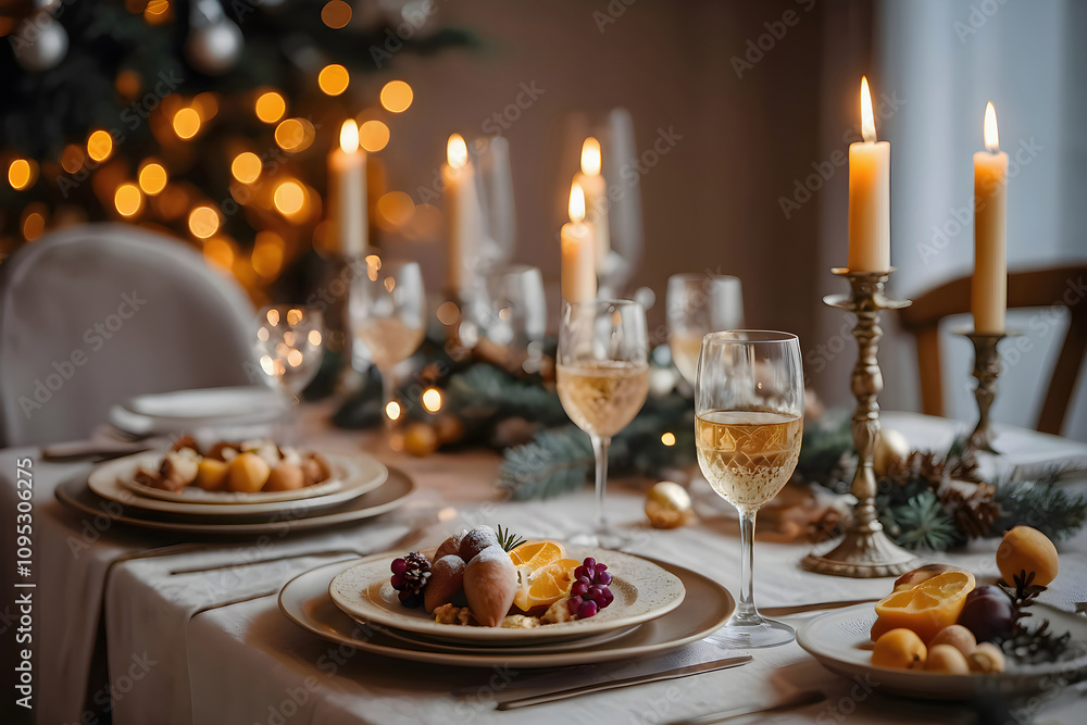Elegant exquisite Christmas table setting with candles, green ornaments, and bokeh lights in the background Elegant exquisite Christmas table setting with candles, green ornaments, and bokeh lights in the background