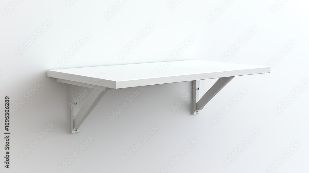 Minimalist white wall shelf with metal brackets on clean background Minimalist white wall shelf with metal brackets on clean background