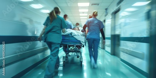 an ambulance crew carries a patient on a gurney, intensive care doctors, uniformed medical personnel transport patients along the hospital corridor photo