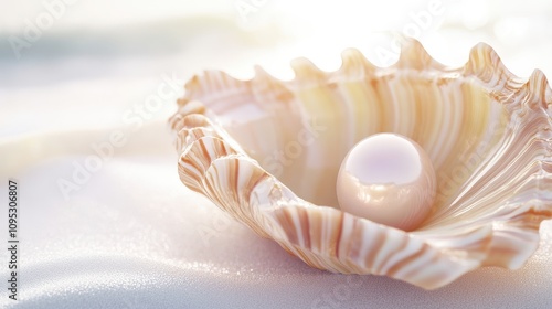 A beautiful, iridescent pearl nestled in a striped seashell resting on sandy beach, illuminated by soft sunlight.