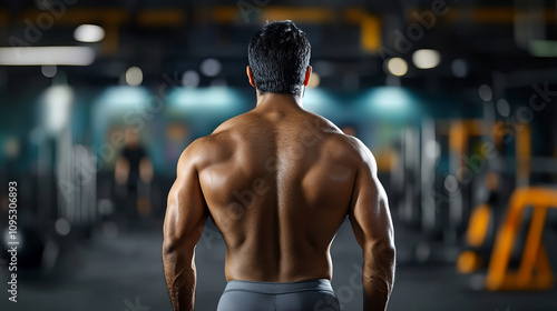 Banner showcasing muscular man at gym highlighting strength fitness workout dedication modern setting background intensity power determination