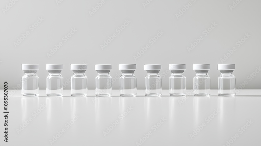 Neatly aligned small medical vials with rubber stoppers on a reflective white surface, highlighting the clean design and pharmaceutical packaging details in a minimalistic setting. Neatly aligned small medical vials with rubber stoppers on a reflective white surface, highlighting the clean design and pharmaceutical packaging details in a minimalistic setting.