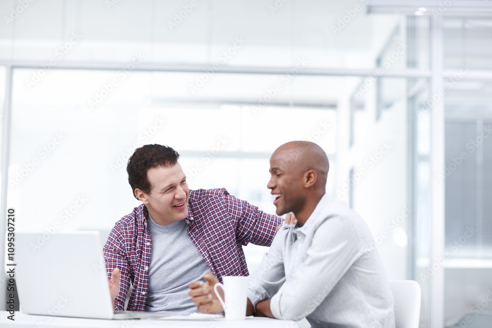 Fototapeta premium Business men, laughing and advice for collaboration, discussion or brainstorming in office. Creative, employees and meeting with laptop, training planning or project management research communication