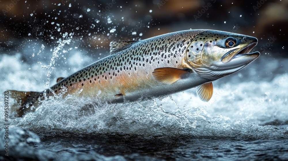 Salmon leaping from river water. Salmon leaping from river water.