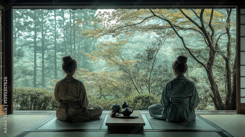 Two Women in Traditional Japanese Clothing Sit by a Window with a View of Trees Two Women in Traditional Japanese Clothing Sit by a Window with a View of Trees
