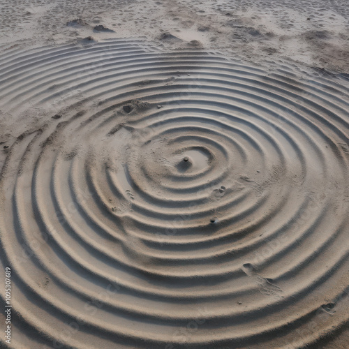 A top-down view of concentric rings in the sand, like raked Zen garden patterns photo