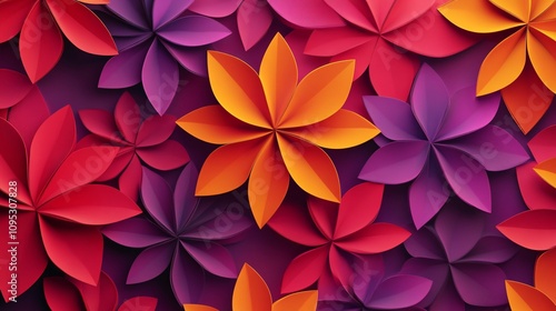 Abstract Floral Fusion: Symmetrical 3D Flower Shapes and Geometric Patterns in Vibrant Red, Yellow, and Purple - High Resolution Wallpaper Design