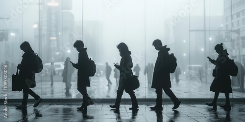 People engaged with cell phones in an urban setting during misty weather