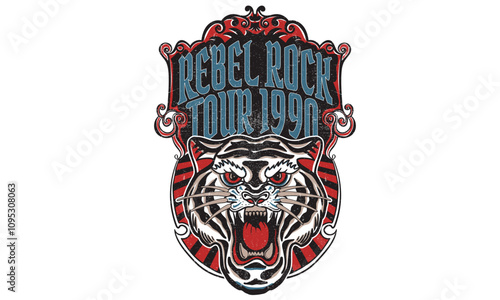 Rock and roll graphic print design for apparel, stickers, posters and background. Fearless world tour. Tiger face artwork. Rock star design. Tiger face vector artwork for t shirt and others.	