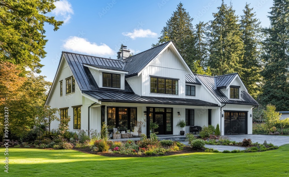 Charming Modern Farmhouse Surrounded by Lush Greenery with a Black Metal Roof and Large Windows in a Peaceful Residential Neighborhood Charming Modern Farmhouse Surrounded by Lush Greenery with a Black Metal Roof and Large Windows in a Peaceful Residential Neighborhood