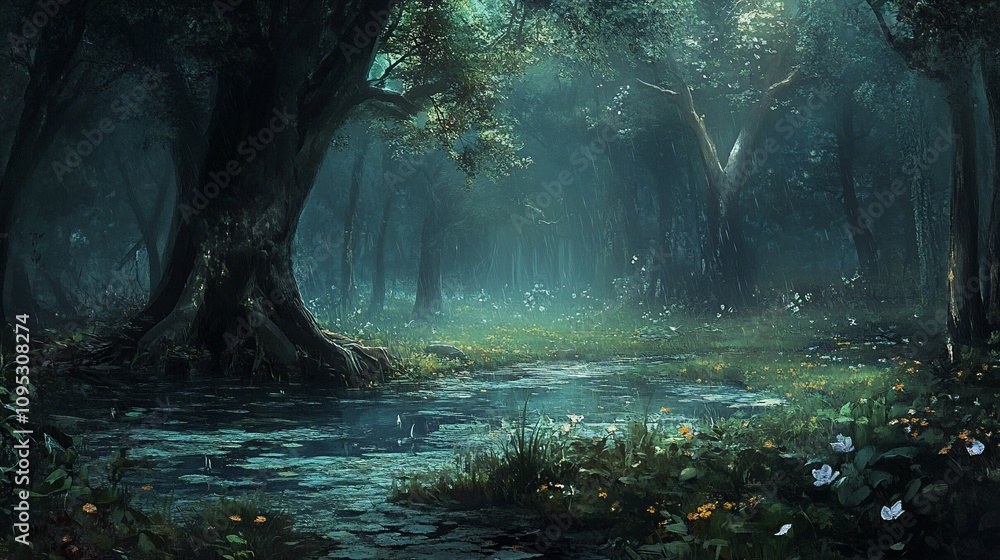 A serene forest with a small creek running through it, dappled sunlight filtering through the trees. A serene forest with a small creek running through it, dappled sunlight filtering through the trees.