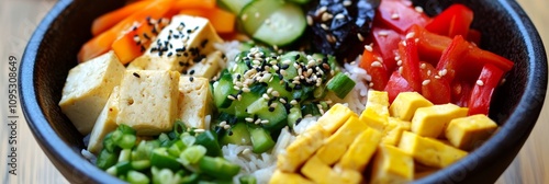 Colorful Tofu and Vegetable Rice Bowl - Vibrant, healthy, vegetarian rice bowl with tofu, assorted vegetables, and sesame seeds.  Represents freshness, nutrition, balance, flavor, and ease. photo