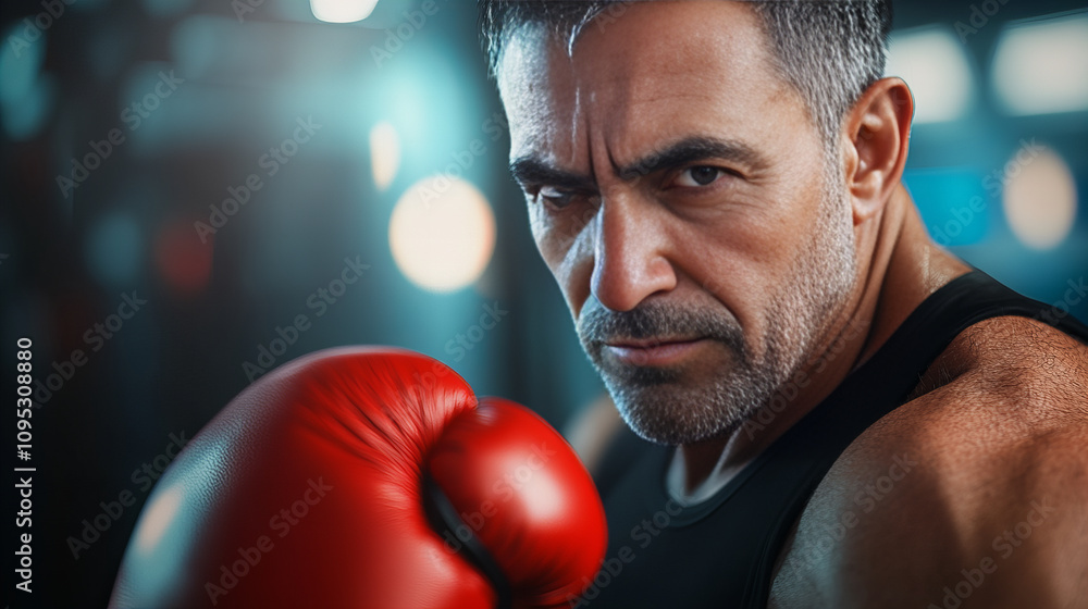 Banner of focused man in red boxing gloves determined pose training inside gym Banner of focused man in red boxing gloves determined pose training inside gym