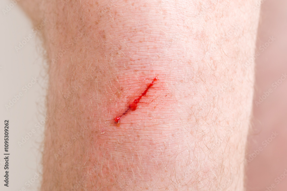 Fototapeta premium Young adult man red abrasion knee skin bleeding after fell down. Closeup. Front view.