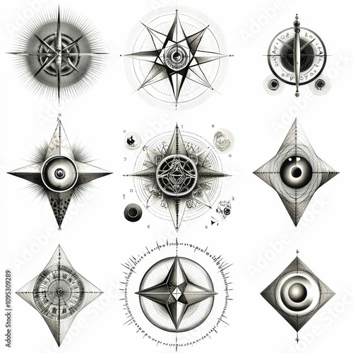 Eight abstract compass rose designs. photo