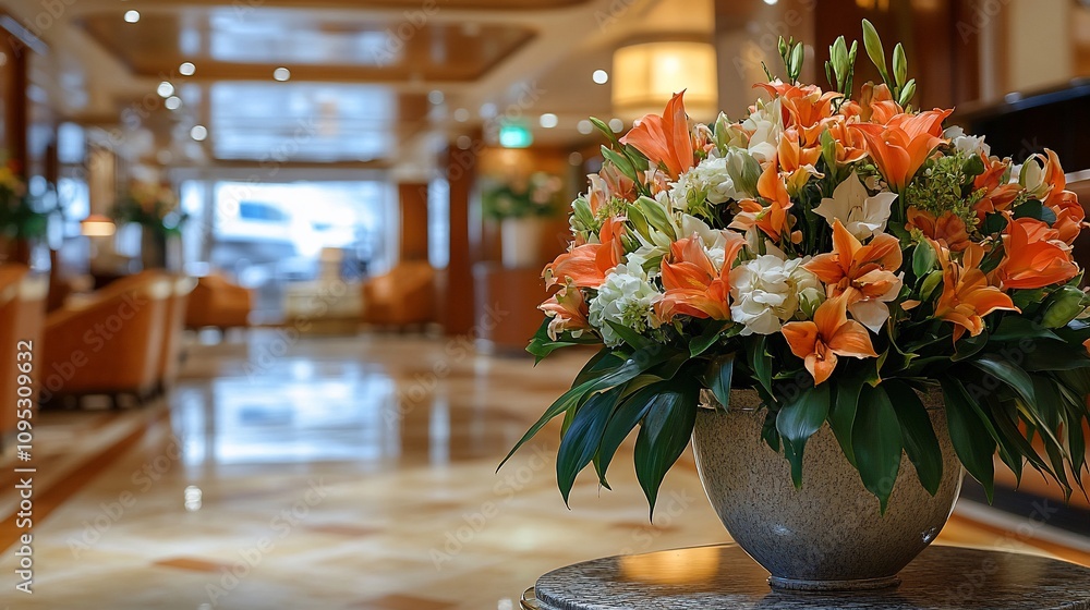 Elegant orange lilies in lobby vase. Elegant orange lilies in lobby vase.