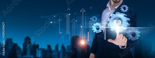 Biotechnology: innovation, medical research, agriculture advancements, pharmaceutical development, healthcare solutions. Businessman hand holds biotechnology icon and network on digital interface.