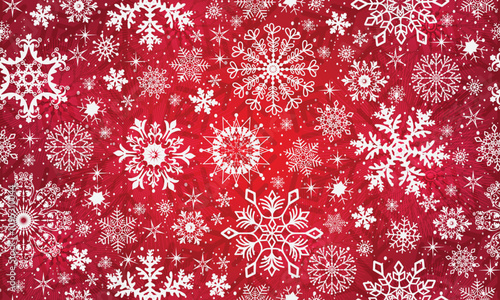 Vector seamless Christmas hand drawn red gradient pattern with white doodle snowflakes and stars
